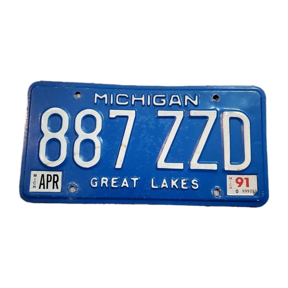 RARE 1991 BLUE BASE MICHIGAN LICENSE PLATE ORIGINAL GREAT LAKES 887 ZZD
